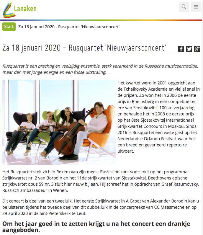 Page Internet. Lanaken. Rusquartet in Europe 2020. Nieuwjaarsconcert. 2020-01-18